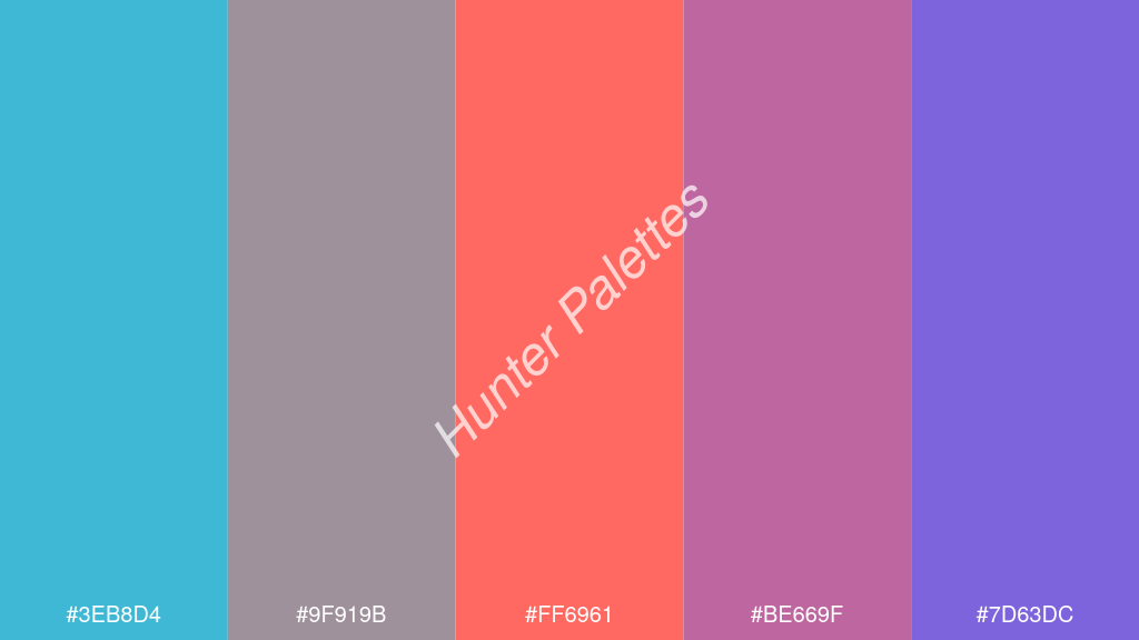 pasztell piros szín palettája a következőkkel: #3eb8d4 #9f919b #ff6961 #be669f #7d63dc