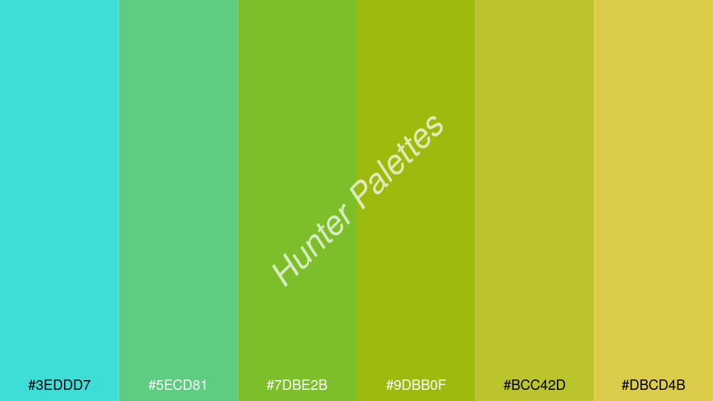 alma zöld szín palettája a következőkkel: #3eddd7 #5ecd81 #7dbe2b #9dbb0f #bcc42d #dbcd4b