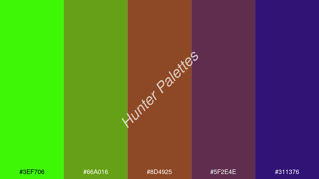 barna szín palettája a következőkkel: #3ef706 #66a016 #8d4925 #5f2e4e #311376