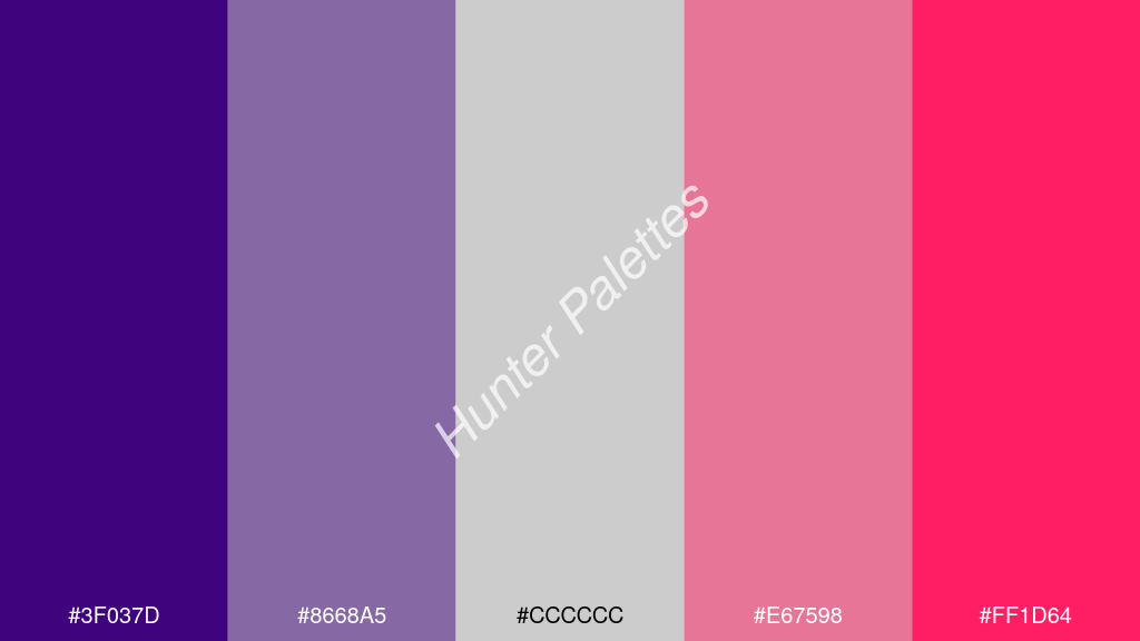 cccccc szín palettája a következőkkel: #3f037d #8668a5 #cccccc #e67598 #ff1d64