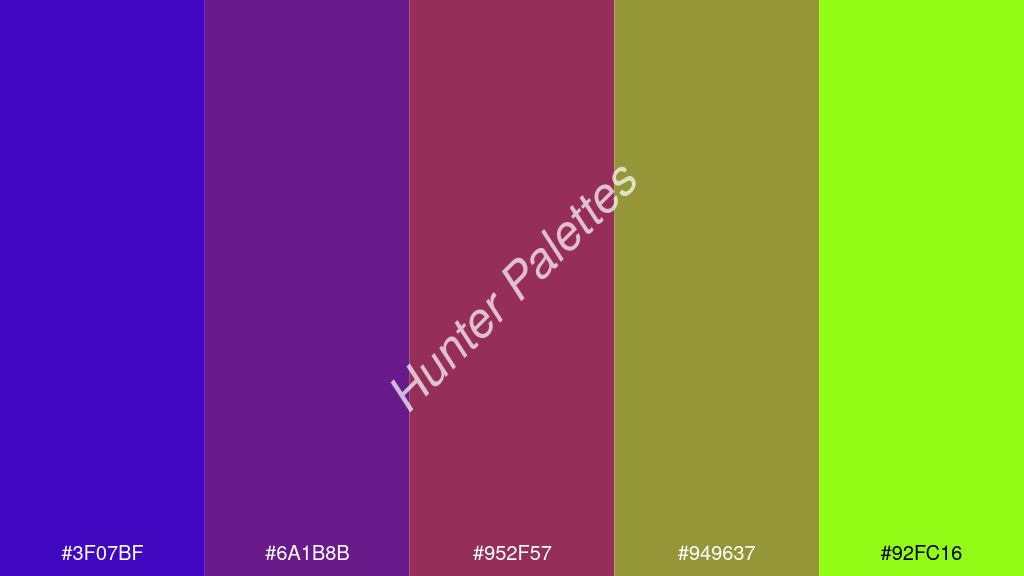 cseresznye szín palettája a következőkkel: #3f07bf #6a1b8b #952f57 #949637 #92fc16