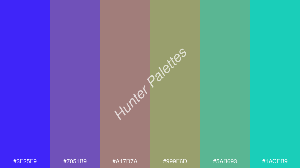 okker szín palettája a következőkkel: #3f25f9 #7051b9 #a17d7a #999f6d #5ab693 #1aceb9