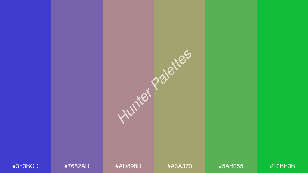 terracotta szín palettája a következőkkel: #3f3bcd #7662ad #ad898d #a3a370 #5ab055 #10be3b