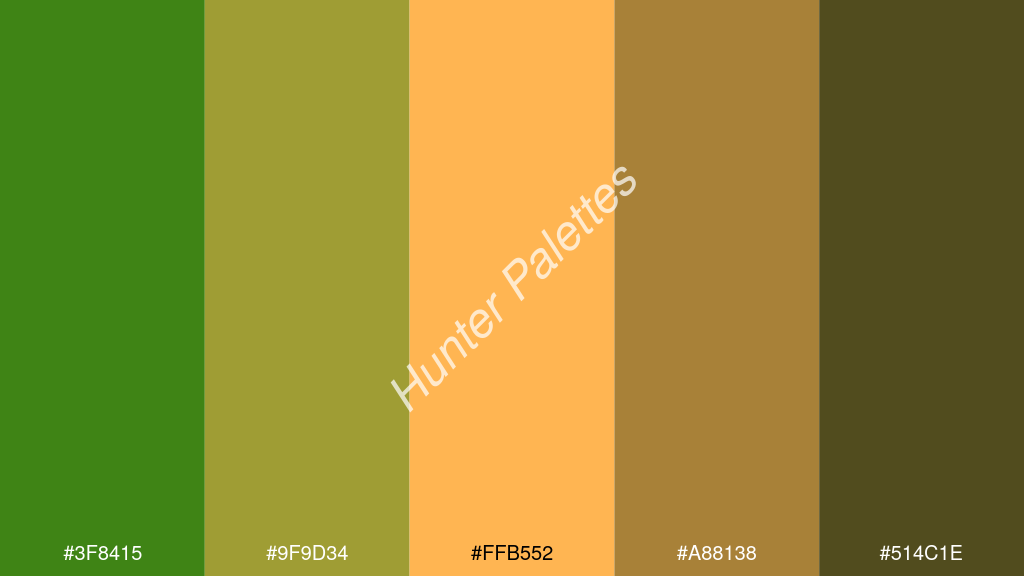 világos narancs szín palettája a következőkkel: #3f8415 #9f9d34 #ffb552 #a88138 #514c1e