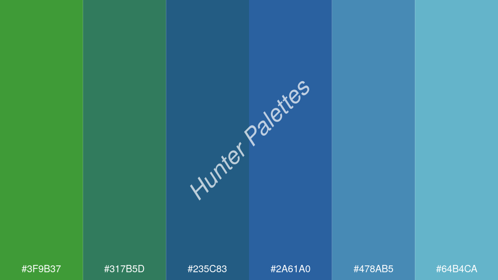 indigókék szín palettája a következőkkel: #3f9b37 #317b5d #235c83 #2a61a0 #478ab5 #64b4ca