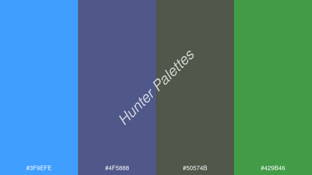 szilva szín palettája a következőkkel: #3f9efe #4f5888 #50574b #429b46