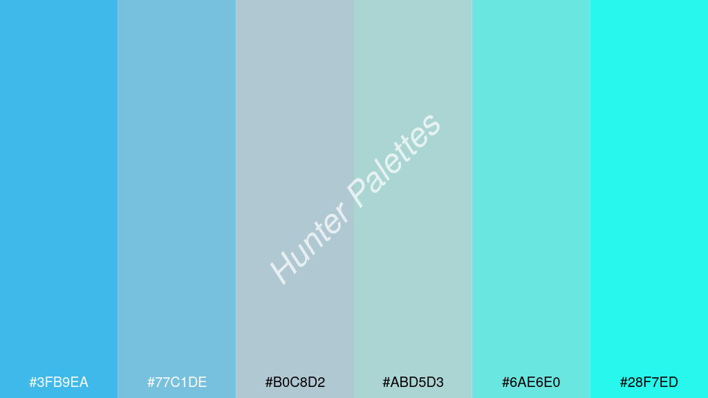 cccccc szín palettája a következőkkel: #3fb9ea #77c1de #b0c8d2 #abd5d3 #6ae6e0 #28f7ed