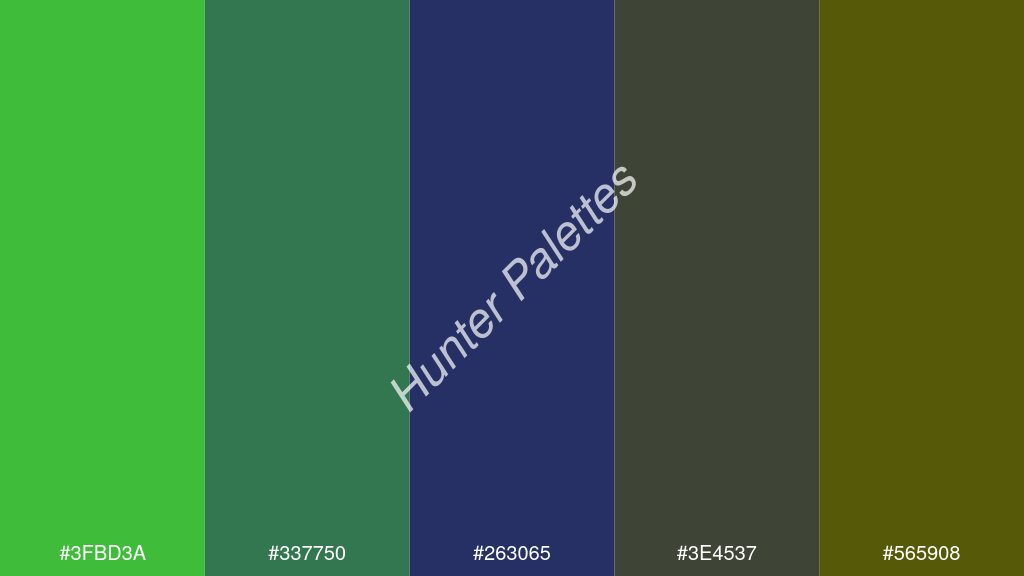 kobaltkék szín palettája a következőkkel: #3fbd3a #337750 #263065 #3e4537 #565908
