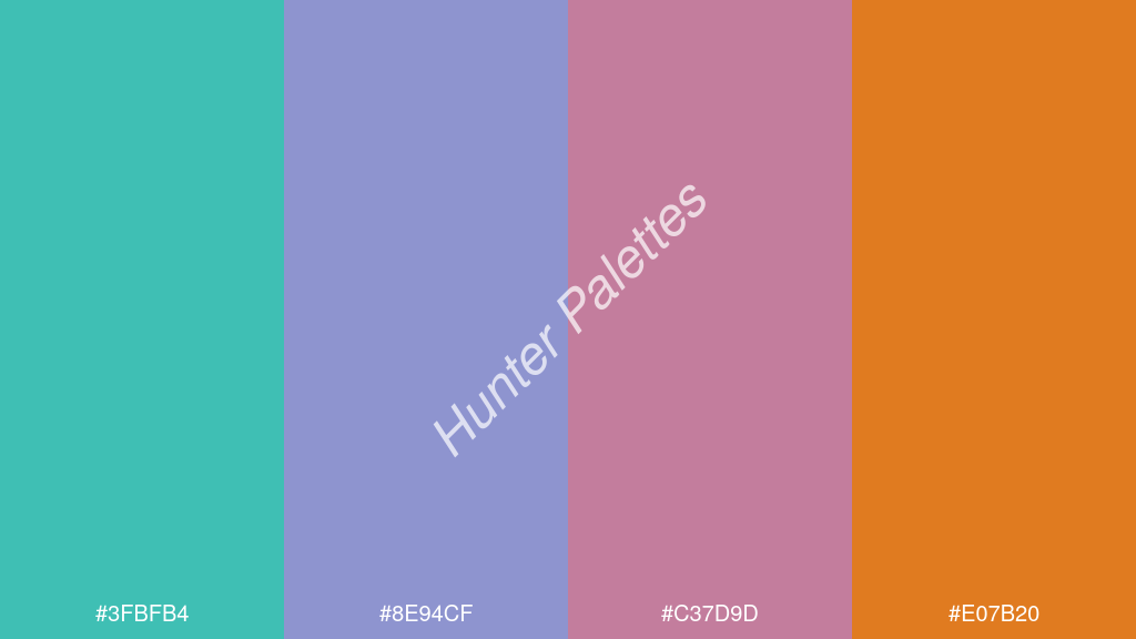 levendula szín palettája a következőkkel: #3fbfb4 #8e94cf #c37d9d #e07b20