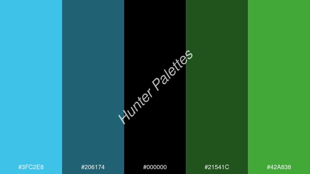 fekete szín palettája a következőkkel: #3fc2e8 #206174 #000000 #21541c #42a838