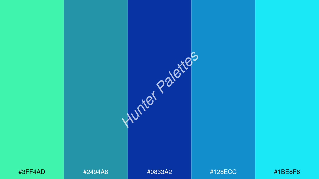 királykék szín palettája a következőkkel: #3ff4ad #2494a8 #0833a2 #128ecc #1be8f6