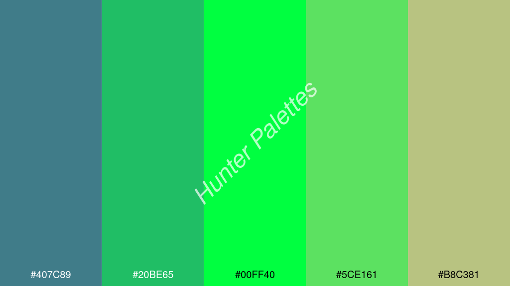 fluoreszkáló zöld szín palettája a következőkkel: #407c89 #20be65 #00ff40 #5ce161 #b8c381
