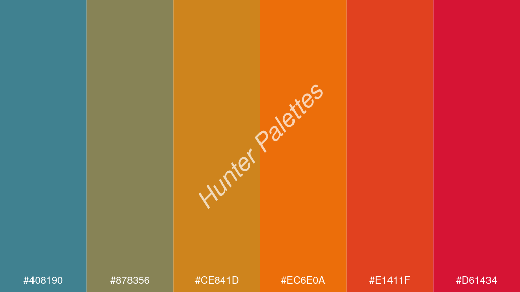 mandarin szín palettája a következőkkel: #408190 #878356 #ce841d #ec6e0a #e1411f #d61434
