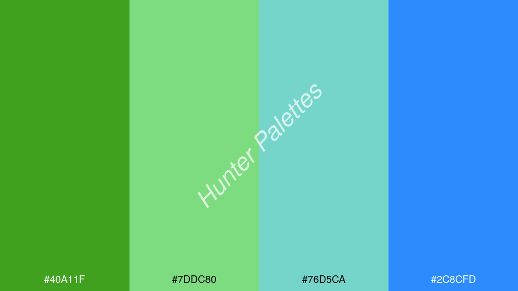 menta szín palettája a következőkkel: #40a11f #7ddc80 #76d5ca #2c8cfd