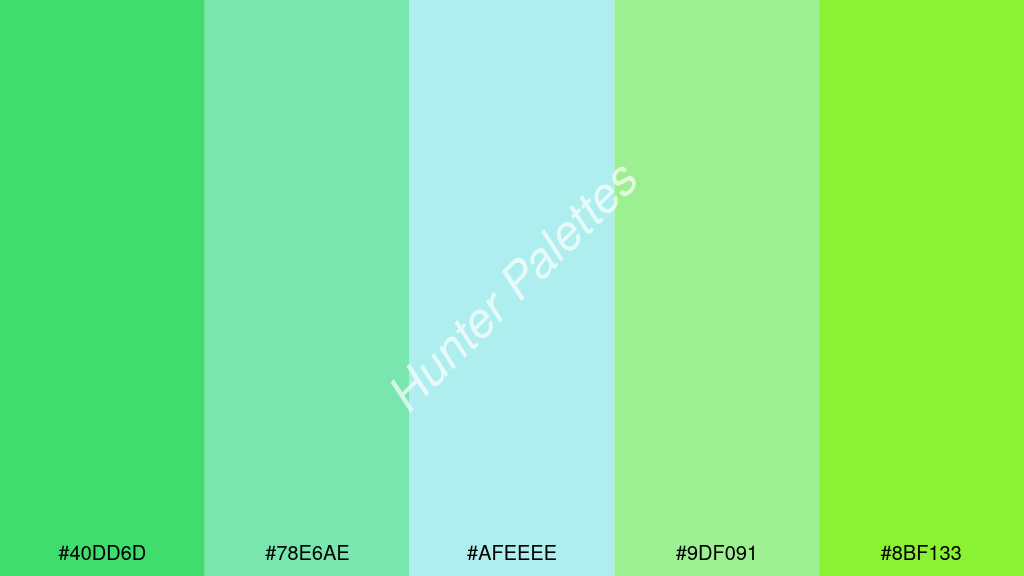 halvány türkiz szín palettája a következőkkel: #40dd6d #78e6ae #afeeee #9df091 #8bf133