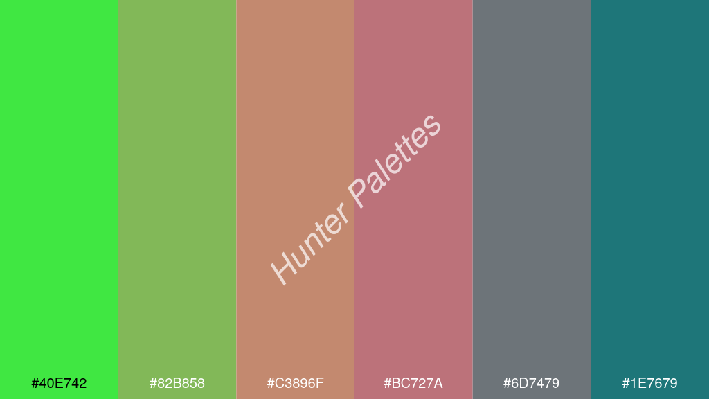 korall szín palettája a következőkkel: #40e742 #82b858 #c3896f #bc727a #6d7479 #1e7679