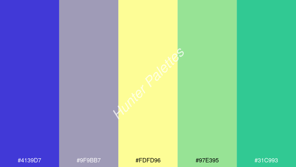 pasztell sárga szín palettája a következőkkel: #4139d7 #9f9bb7 #fdfd96 #97e395 #31c993