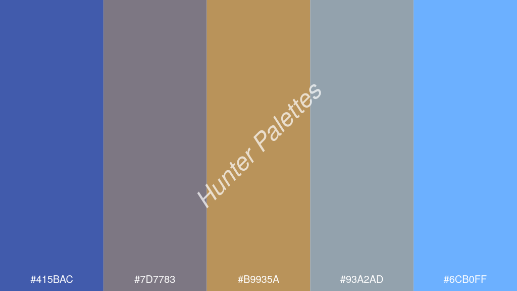 okker szín palettája a következőkkel: #415bac #7d7783 #b9935a #93a2ad #6cb0ff