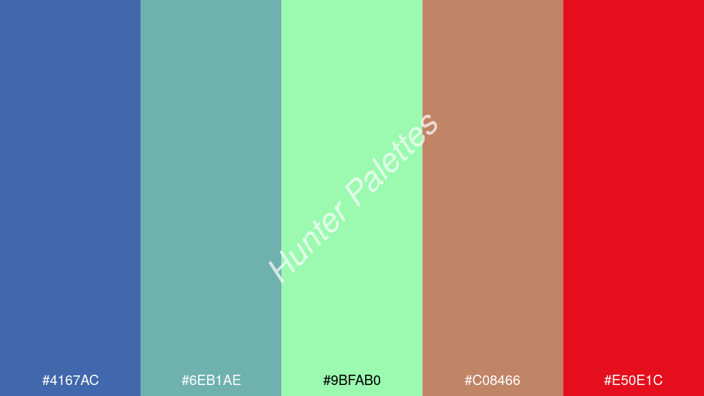 menta szín palettája a következőkkel: #4167ac #6eb1ae #9bfab0 #c08466 #e50e1c