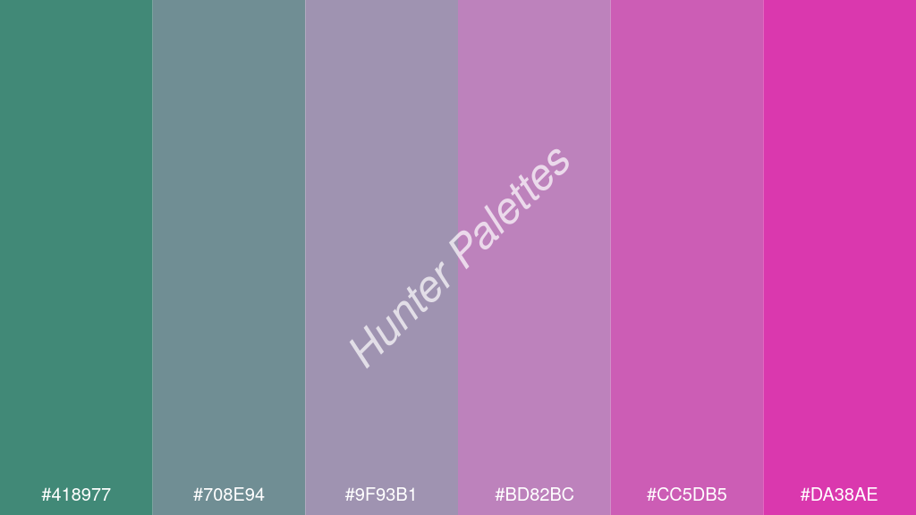 orgona szín palettája a következőkkel: #418977 #708e94 #9f93b1 #bd82bc #cc5db5 #da38ae