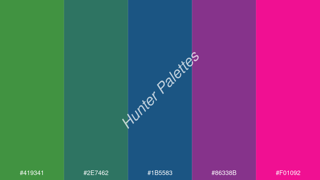 Capri kék szín palettája a következőkkel: #419341 #2e7462 #1b5583 #86338b #f01092
