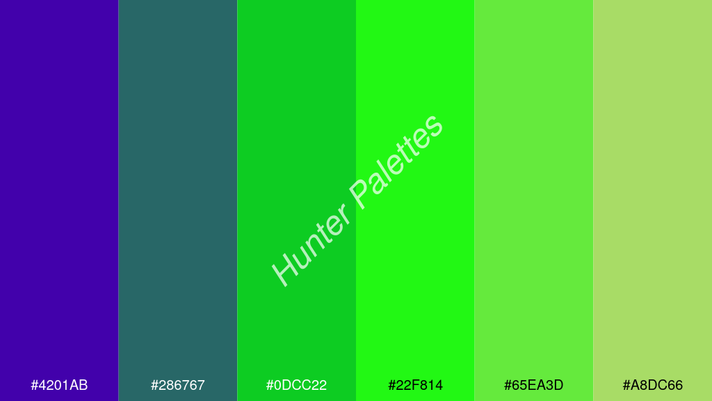 zöld szín palettája a következőkkel: #4201ab #286767 #0dcc22 #22f814 #65ea3d #a8dc66