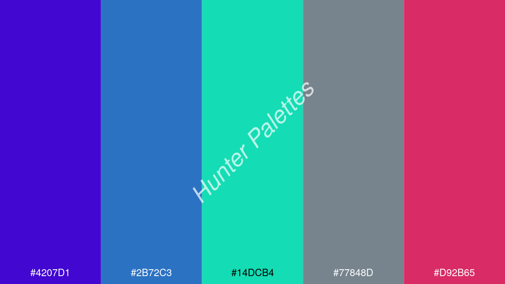 karibi zöld szín palettája a következőkkel: #4207d1 #2b72c3 #14dcb4 #77848d #d92b65