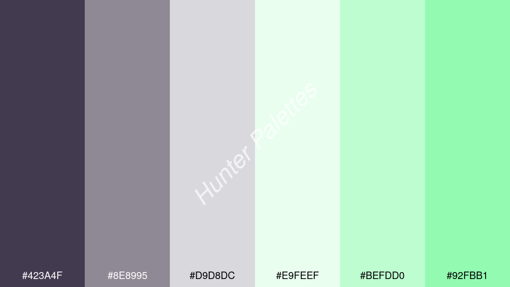 fehér szín palettája a következőkkel: #423a4f #8e8995 #d9d8dc #e9feef #befdd0 #92fbb1
