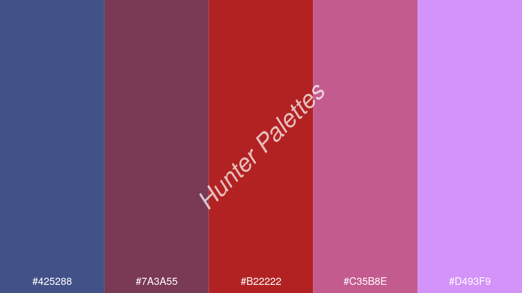tégla szín palettája a következőkkel: #425288 #7a3a55 #b22222 #c35b8e #d493f9