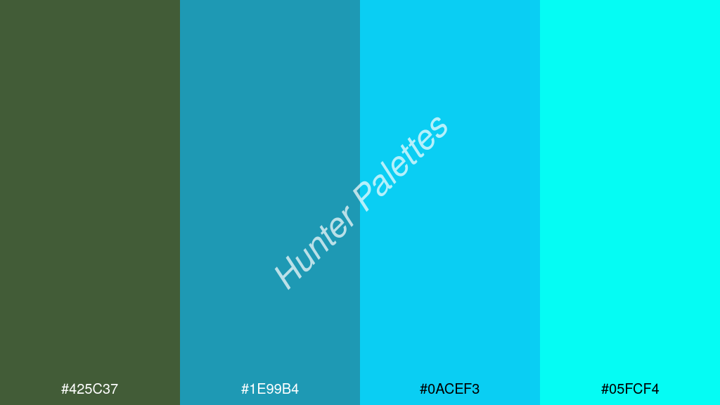 égszínkék szín palettája a következőkkel: #425c37 #1e99b4 #0acef3 #05fcf4