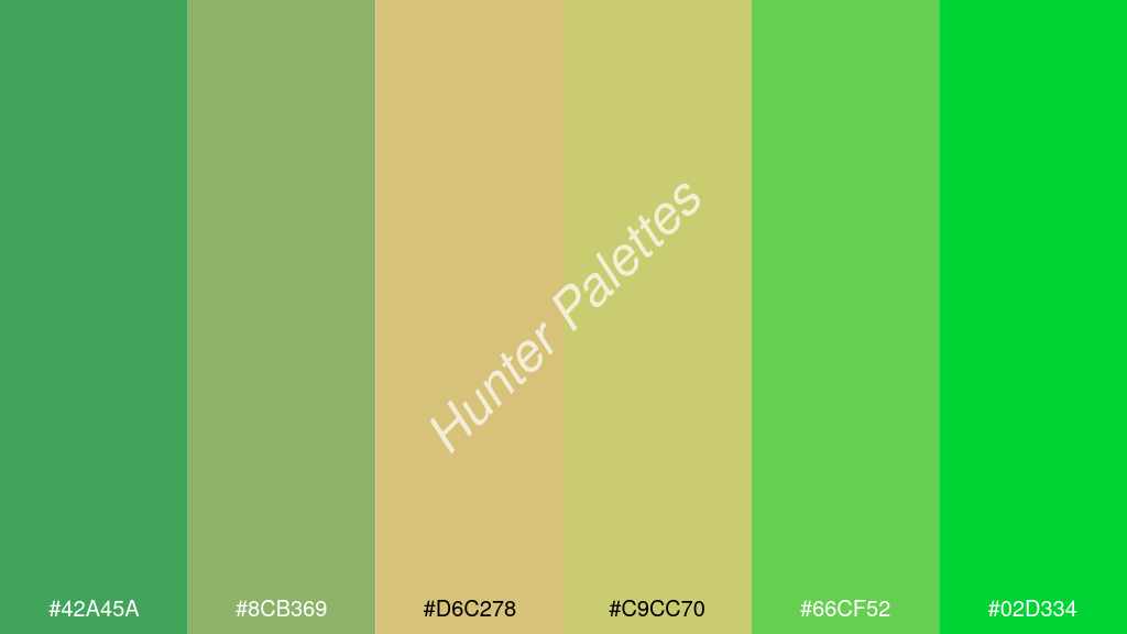 dinnye szín palettája a következőkkel: #42a45a #8cb369 #d6c278 #c9cc70 #66cf52 #02d334