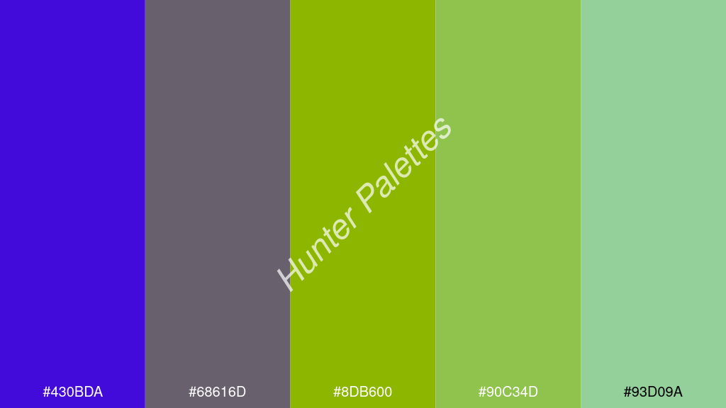 alma zöld szín palettája a következőkkel: #430bda #68616d #8db600 #90c34d #93d09a