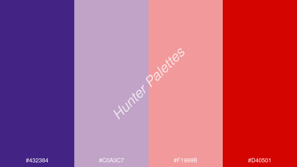halvány rózsaszín szín palettája a következőkkel: #432384 #c0a3c7 #f1999b #d40501