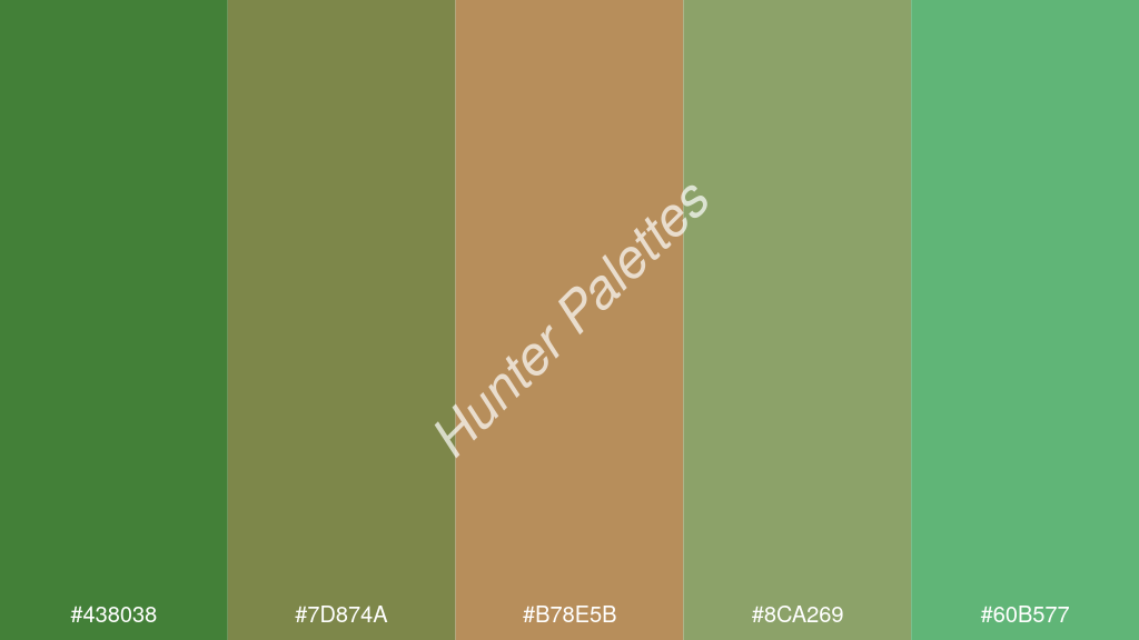 kalua szín palettája a következőkkel: #438038 #7d874a #b78e5b #8ca269 #60b577