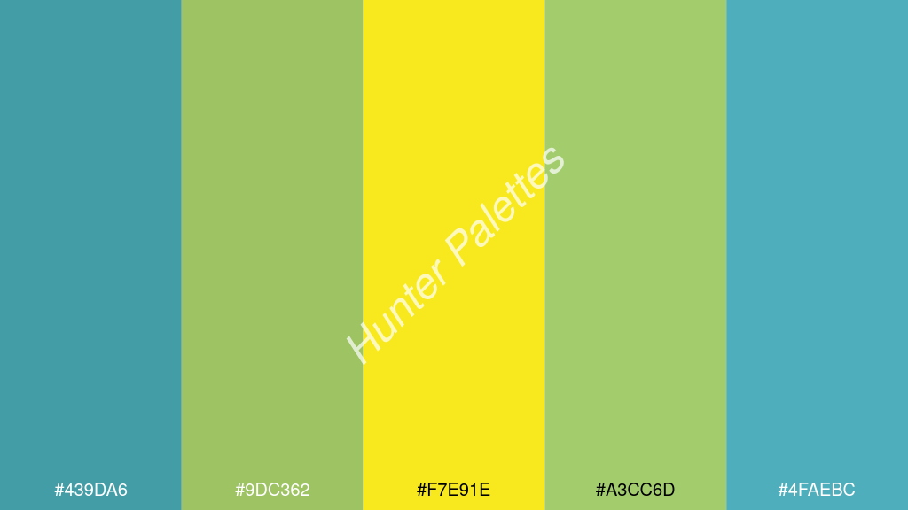kanárisárga szín palettája a következőkkel: #439da6 #9dc362 #f7e91e #a3cc6d #4faebc