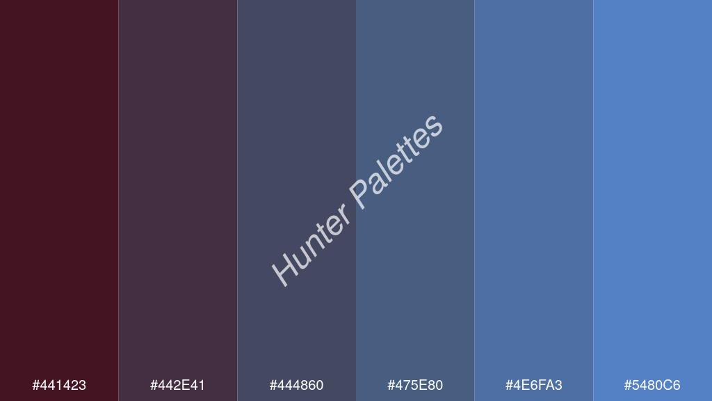 kékes szürke szín palettája a következőkkel: #441423 #442e41 #444860 #475e80 #4e6fa3 #5480c6