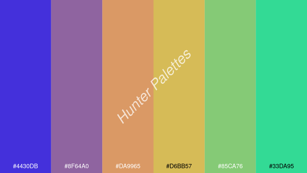 pasztell narancssárga szín palettája a következőkkel: #4430db #8f64a0 #da9965 #d6bb57 #85ca76 #33da95