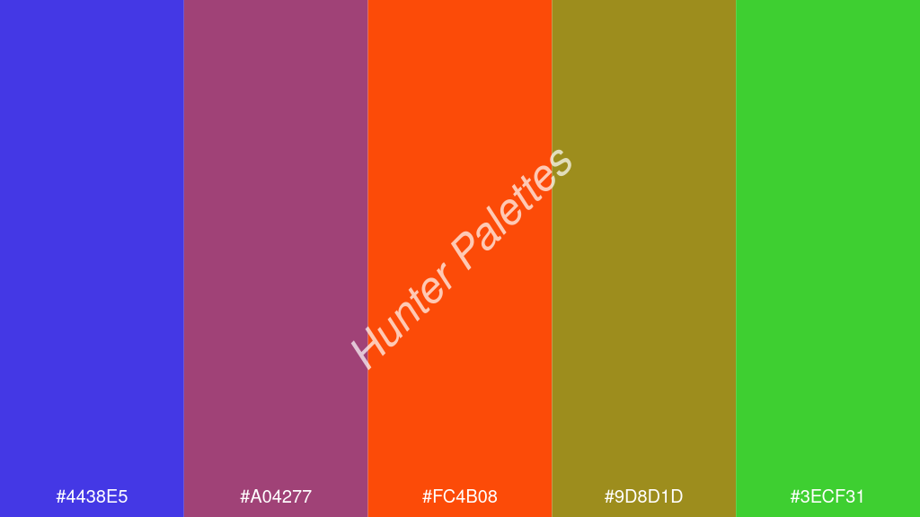 fluoreszkáló narancs szín palettája a következőkkel: #4438e5 #a04277 #fc4b08 #9d8d1d #3ecf31
