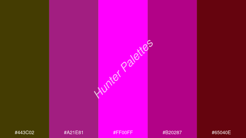 magenta szín palettája a következőkkel: #443c02 #a21e81 #ff00ff #b20287 #65040e