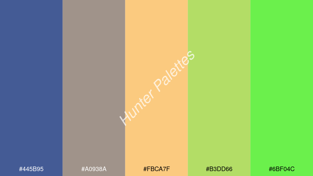 dinnye szín palettája a következőkkel: #445b95 #a0938a #fbca7f #b3dd66 #6bf04c