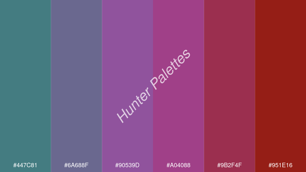 lila szín palettája a következőkkel: #447c81 #6a688f #90539d #a04088 #9b2f4f #951e16
