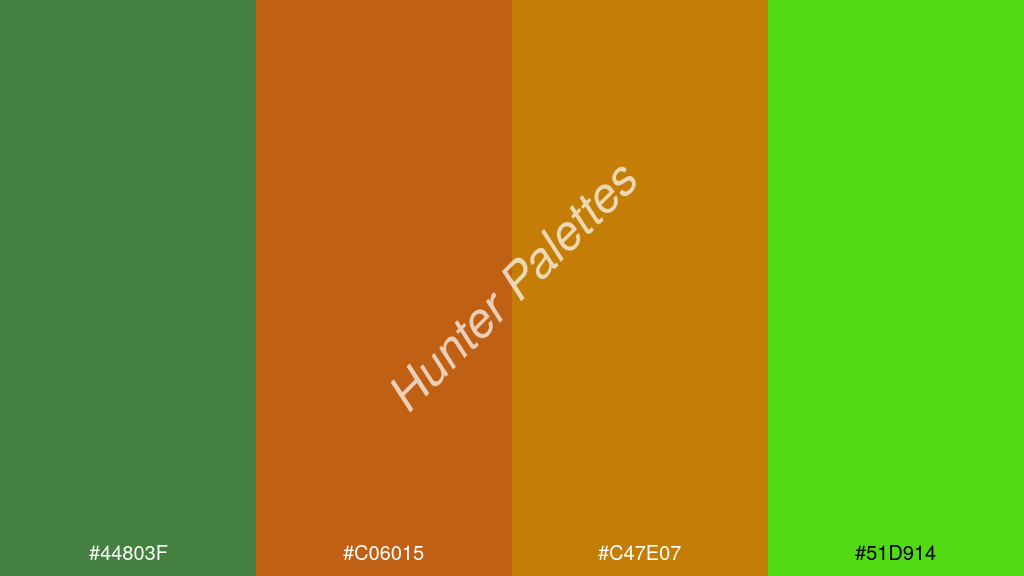 Pantone narancs szín palettája a következőkkel: #44803f #c06015 #c47e07 #51d914