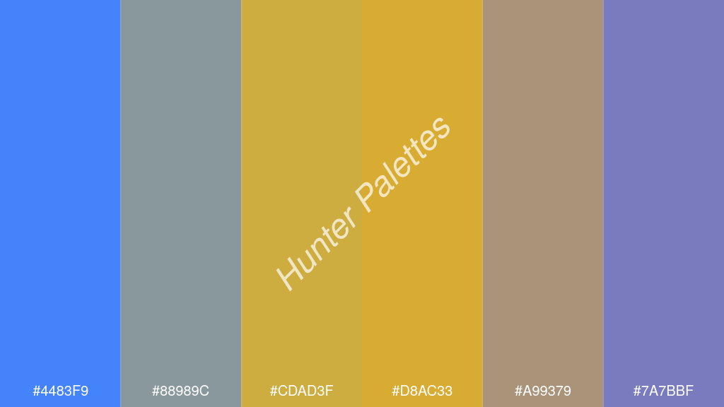 arany szín palettája a következőkkel: #4483f9 #88989c #cdad3f #d8ac33 #a99379 #7a7bbf
