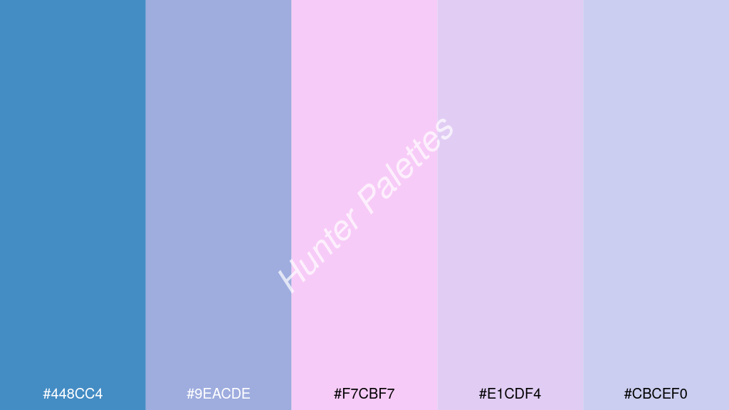 világos rózsaszín szín palettája a következőkkel: #448cc4 #9eacde #f7cbf7 #e1cdf4 #cbcef0