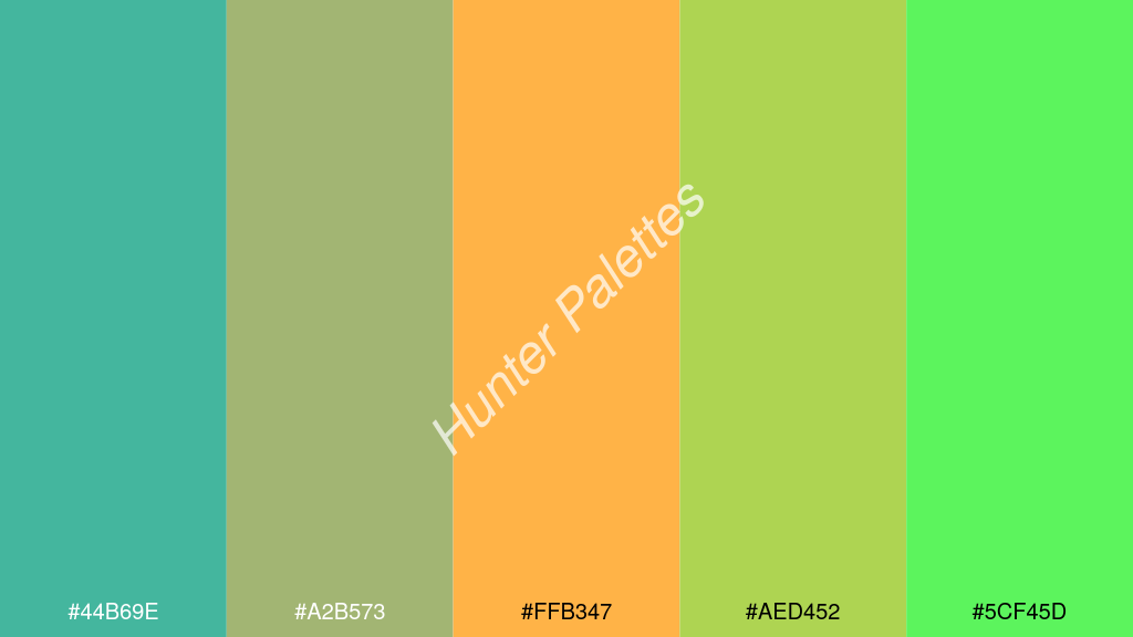 pasztell narancssárga szín palettája a következőkkel: #44b69e #a2b573 #ffb347 #aed452 #5cf45d