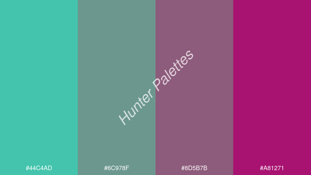 szürke szín palettája a következőkkel: #44c4ad #6c978f #8d5b7b #a81271