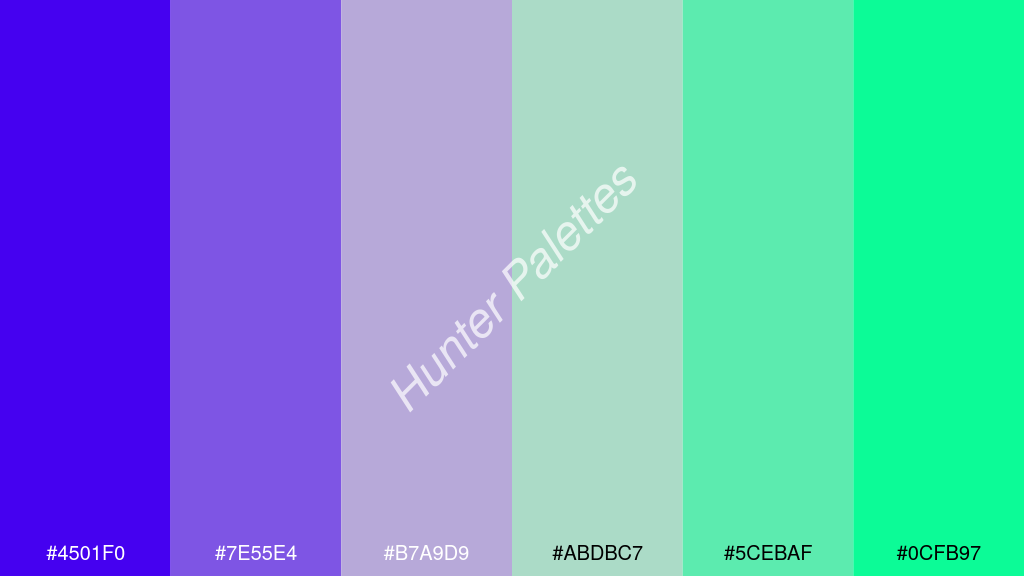világos szürke szín palettája a következőkkel: #4501f0 #7e55e4 #b7a9d9 #abdbc7 #5cebaf #0cfb97