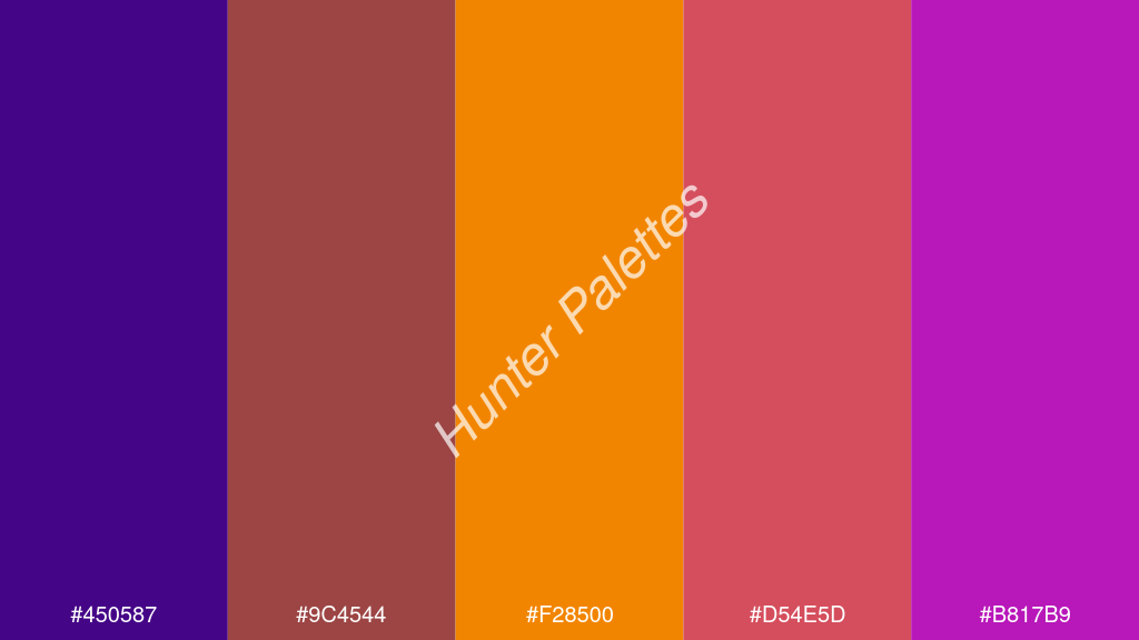 mandarin szín palettája a következőkkel: #450587 #9c4544 #f28500 #d54e5d #b817b9