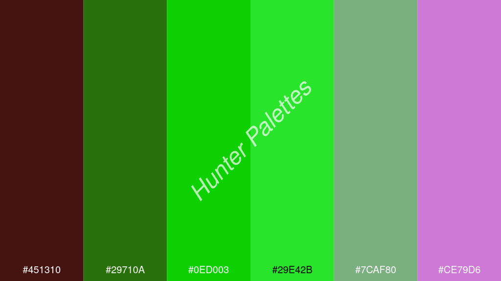 zöld szín palettája a következőkkel: #451310 #29710a #0ed003 #29e42b #7caf80 #ce79d6