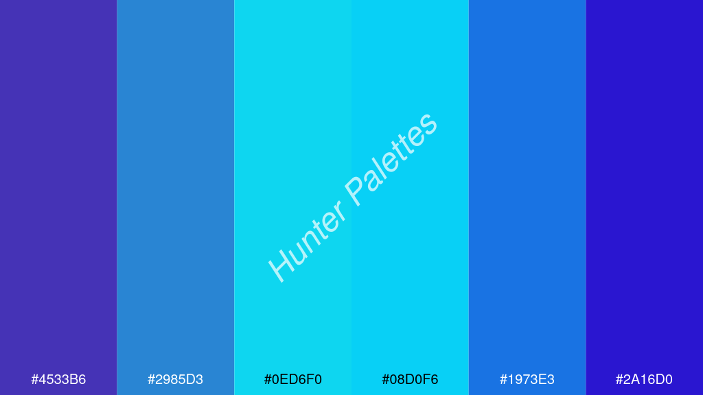 cián szín palettája a következőkkel: #4533b6 #2985d3 #0ed6f0 #08d0f6 #1973e3 #2a16d0